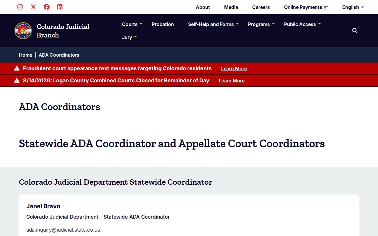 Archuleta County court calendar ADA coordinator listing