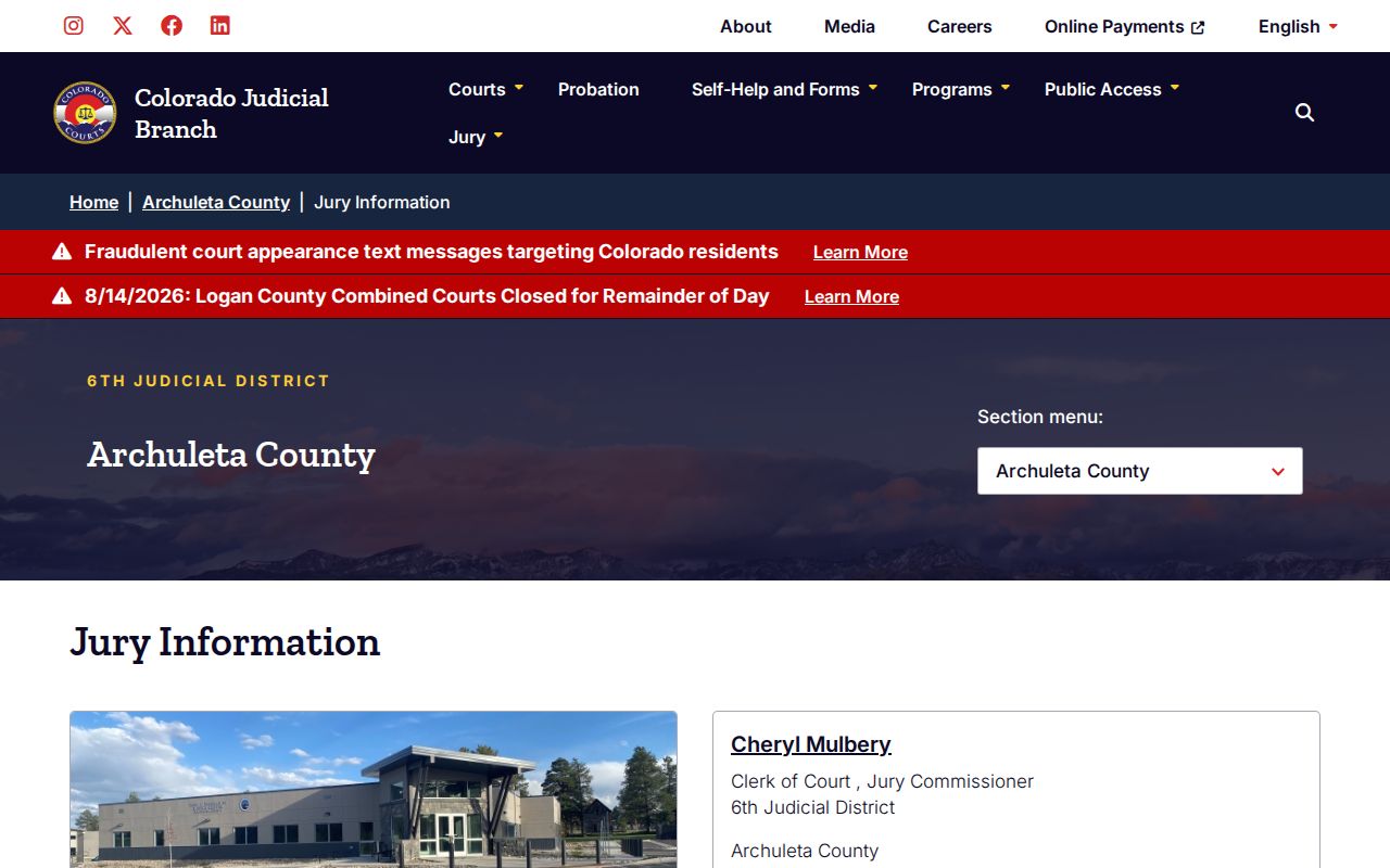 Archuleta County court calendar jury information