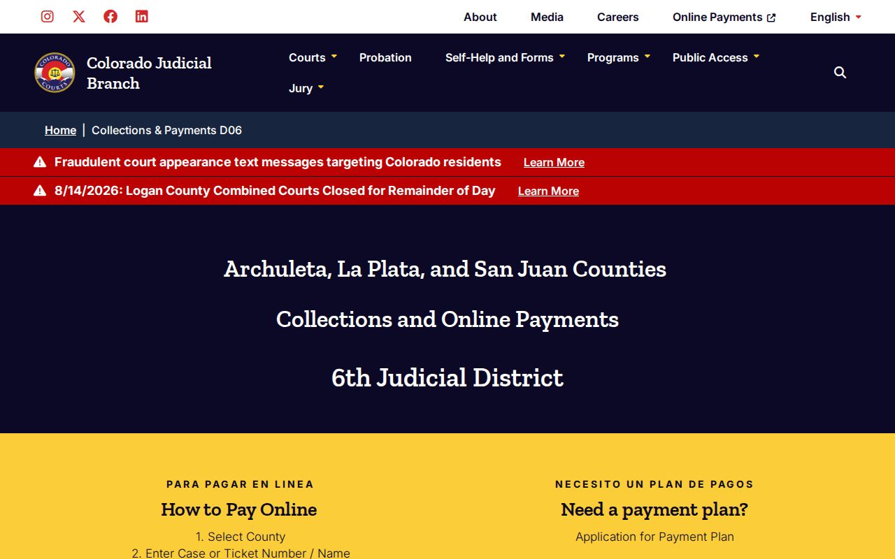 Archuleta County court calendar and Sixth District payments page