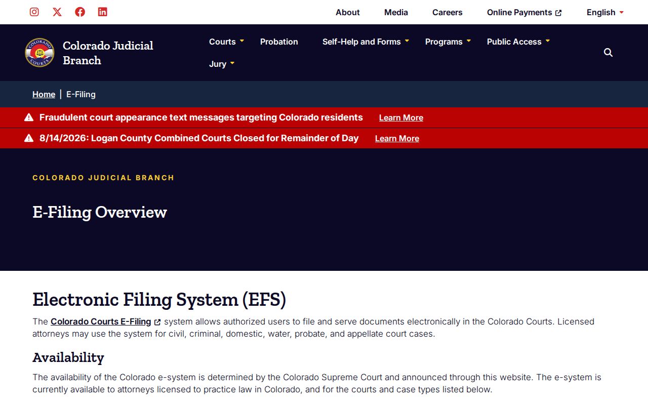 Colorado Courts E-Filing information for authorized civil case filing and service