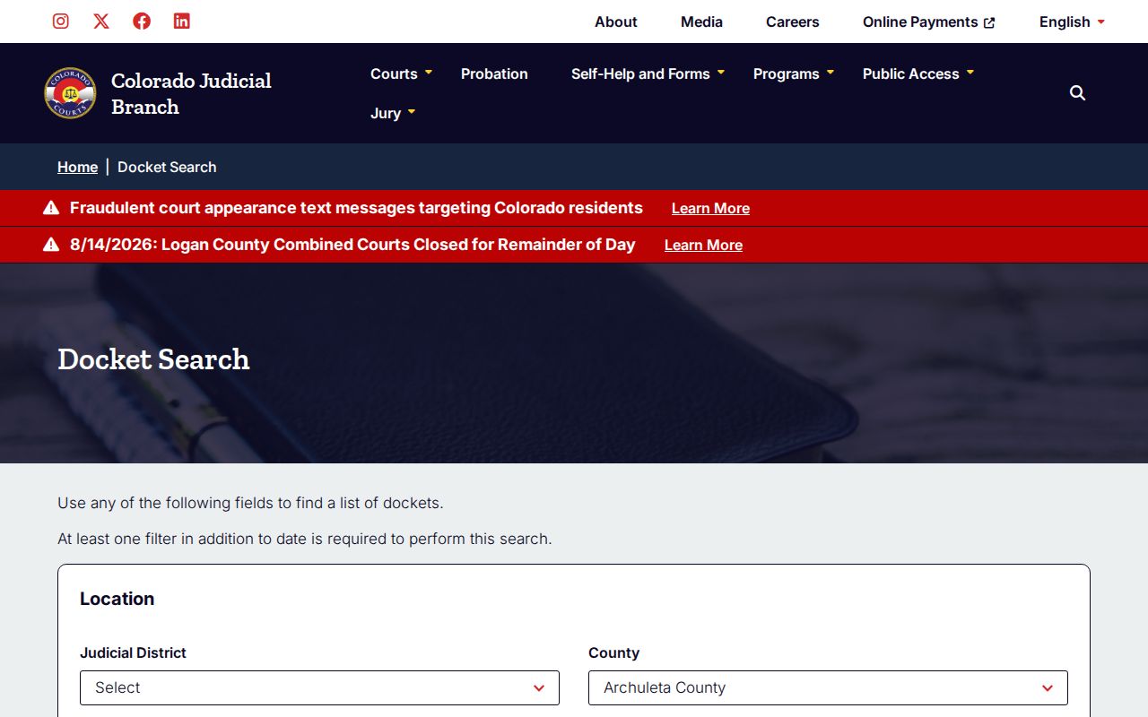 Colorado Judicial Branch County Court docket results for Archuleta County civil settings