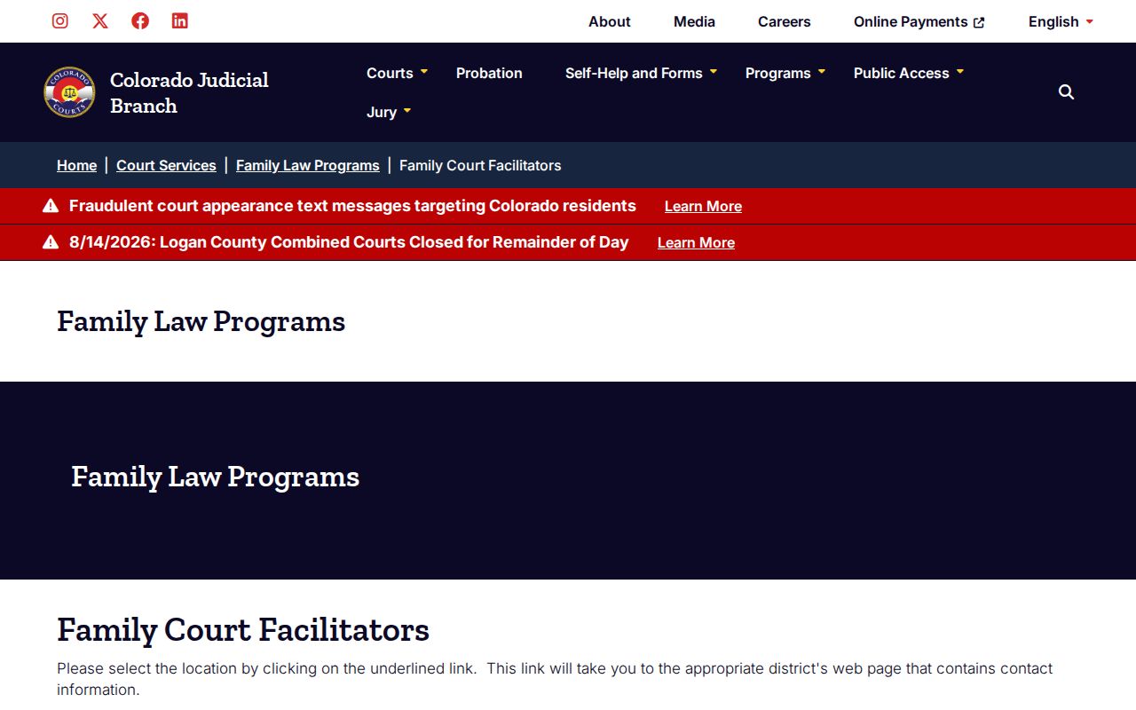 Colorado Judicial Branch Family Court Facilitator information for Archuleta civil family cases