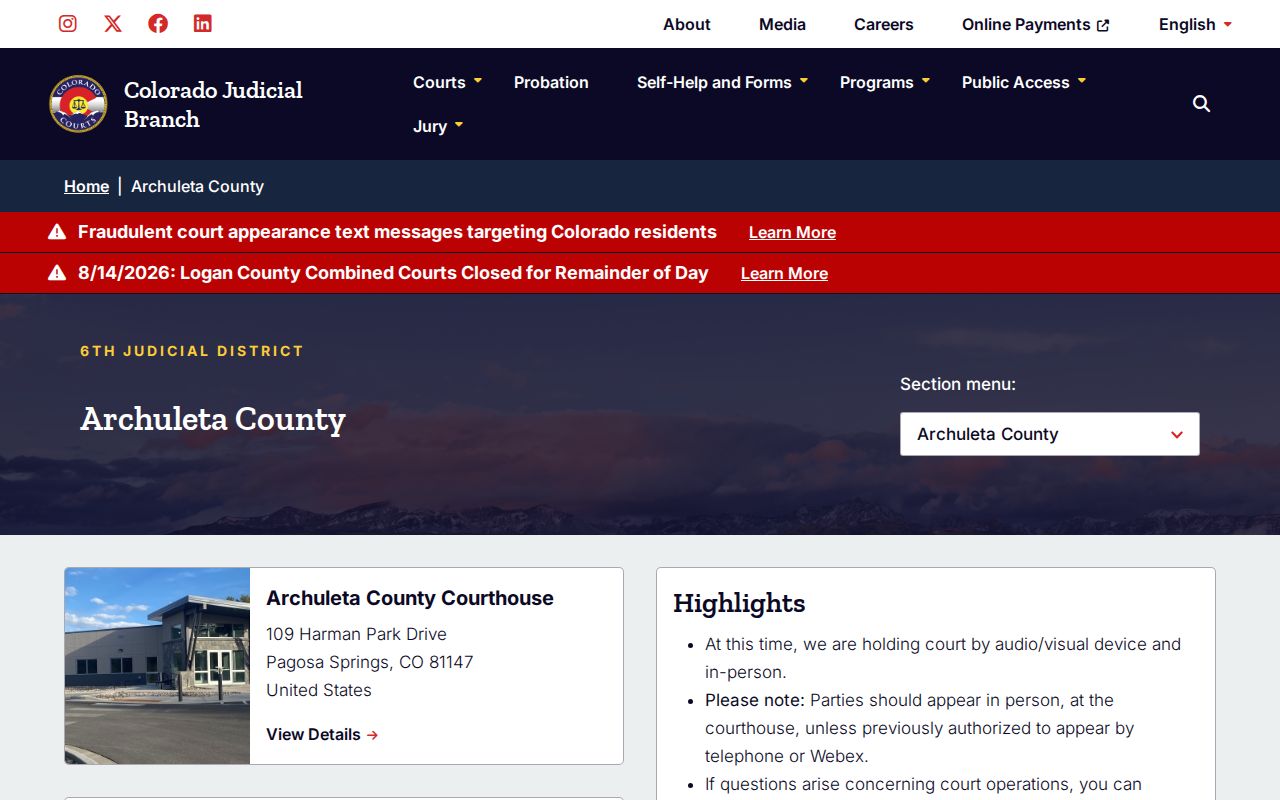Archuleta County court docket trial court page