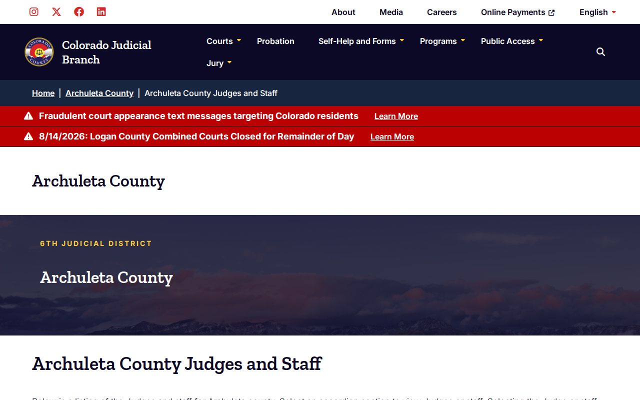 Archuleta County court docket judges and clerk roster