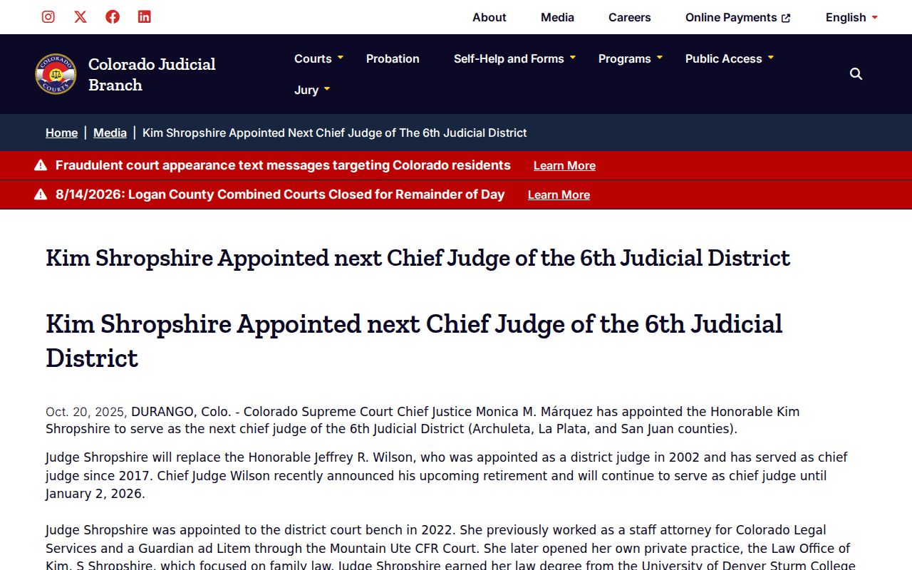 Archuleta County court docket Sixth Judicial District leadership