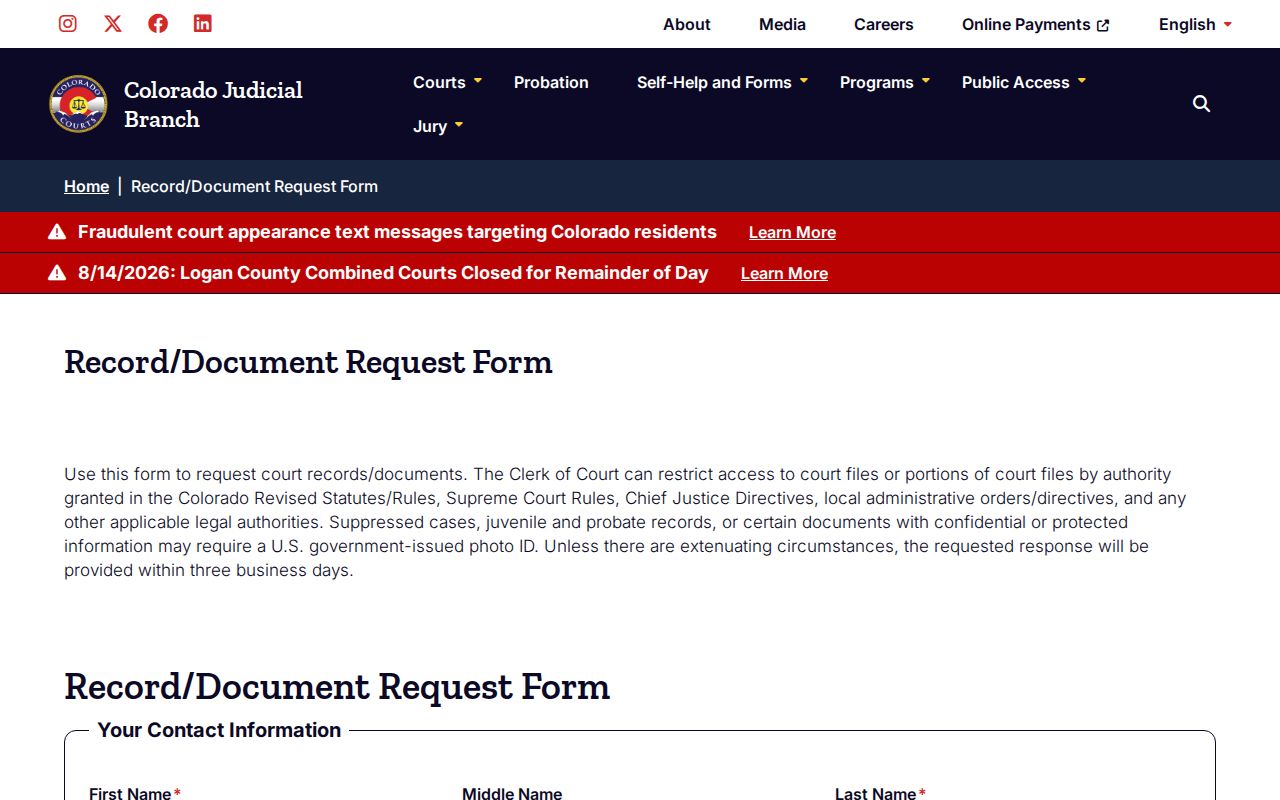 Archuleta County court records request form fields
