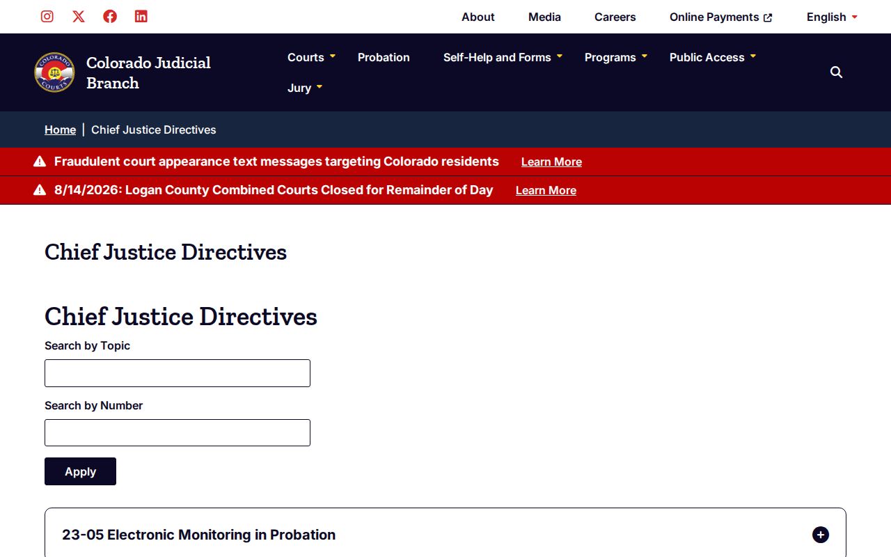 Archuleta County case search Chief Justice Directives index