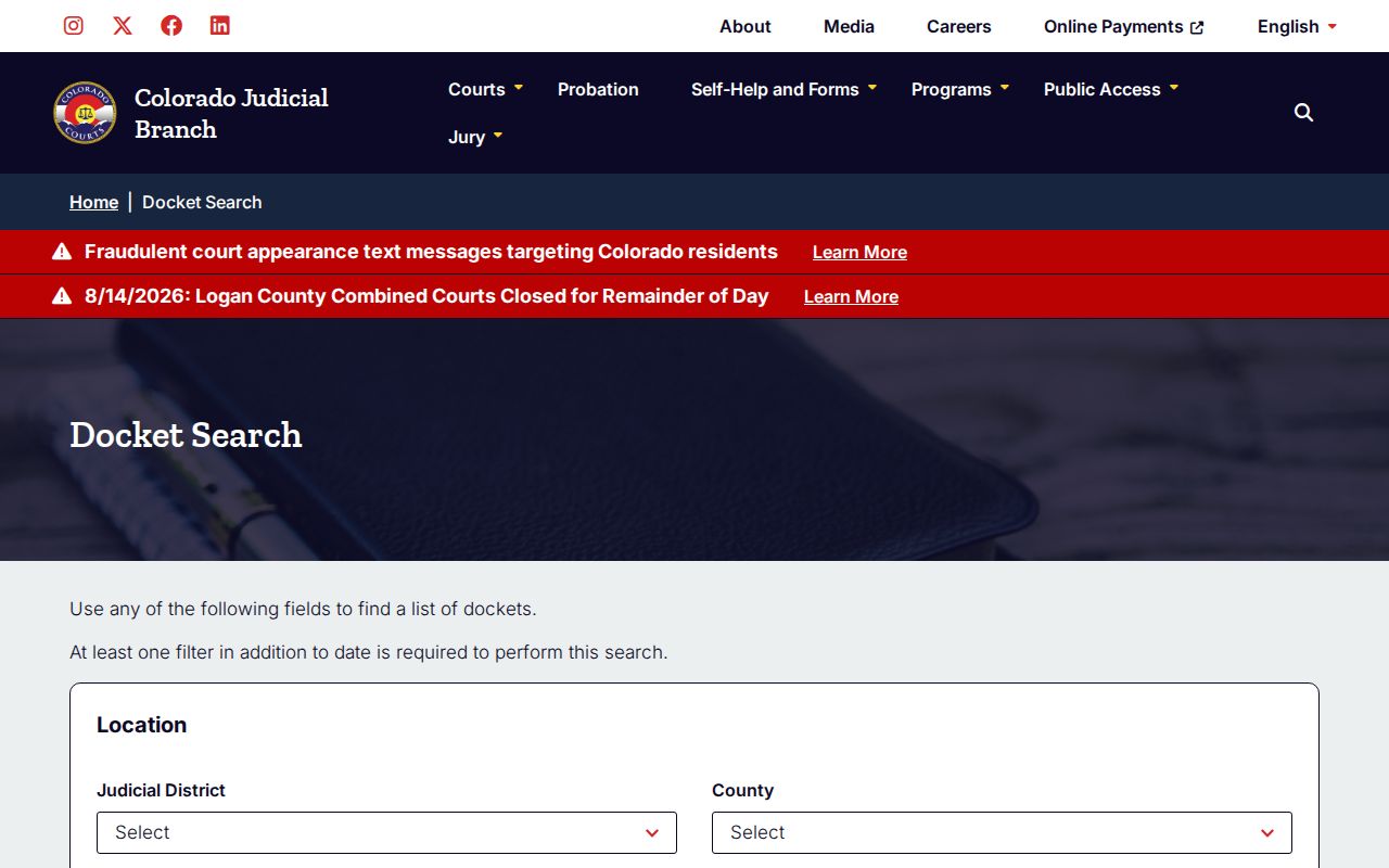 Archuleta County case search statewide docket fields